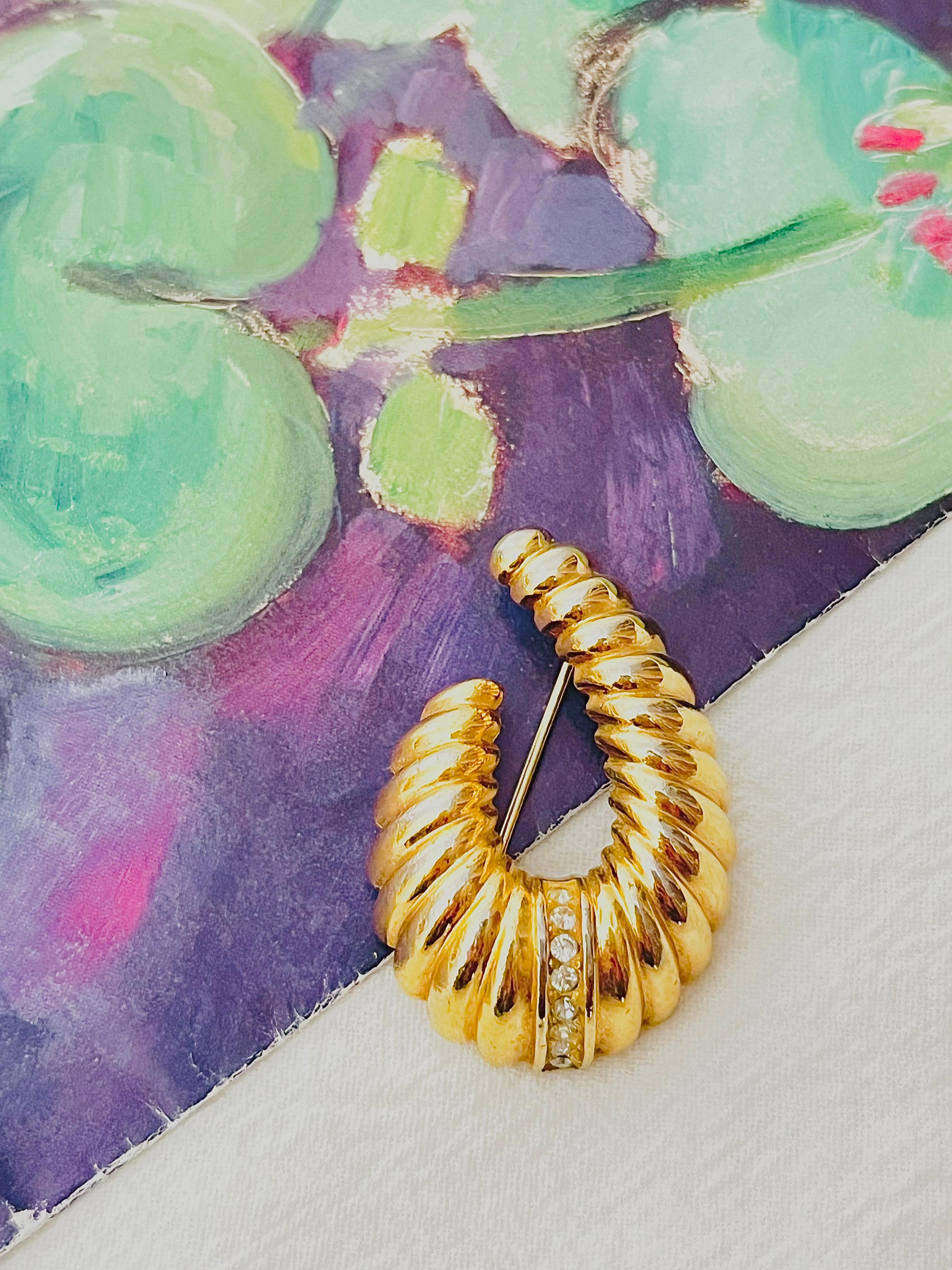 Art Deco Christian Dior Vintage Modernist Croissant Oval Horn Swirl Crystal Gold Brooch