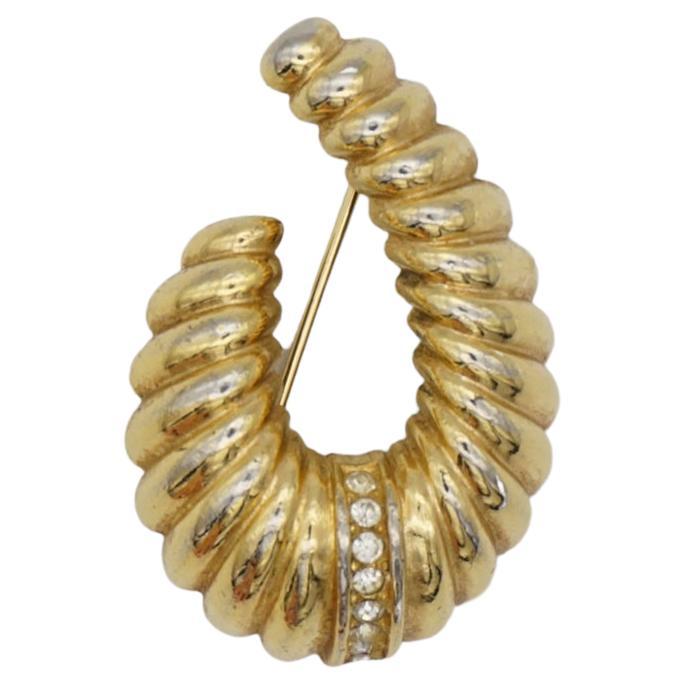 Christian Dior Vintage Modernist Croissant Oval Horn Swirl Crystal Gold Brooch  For Sale