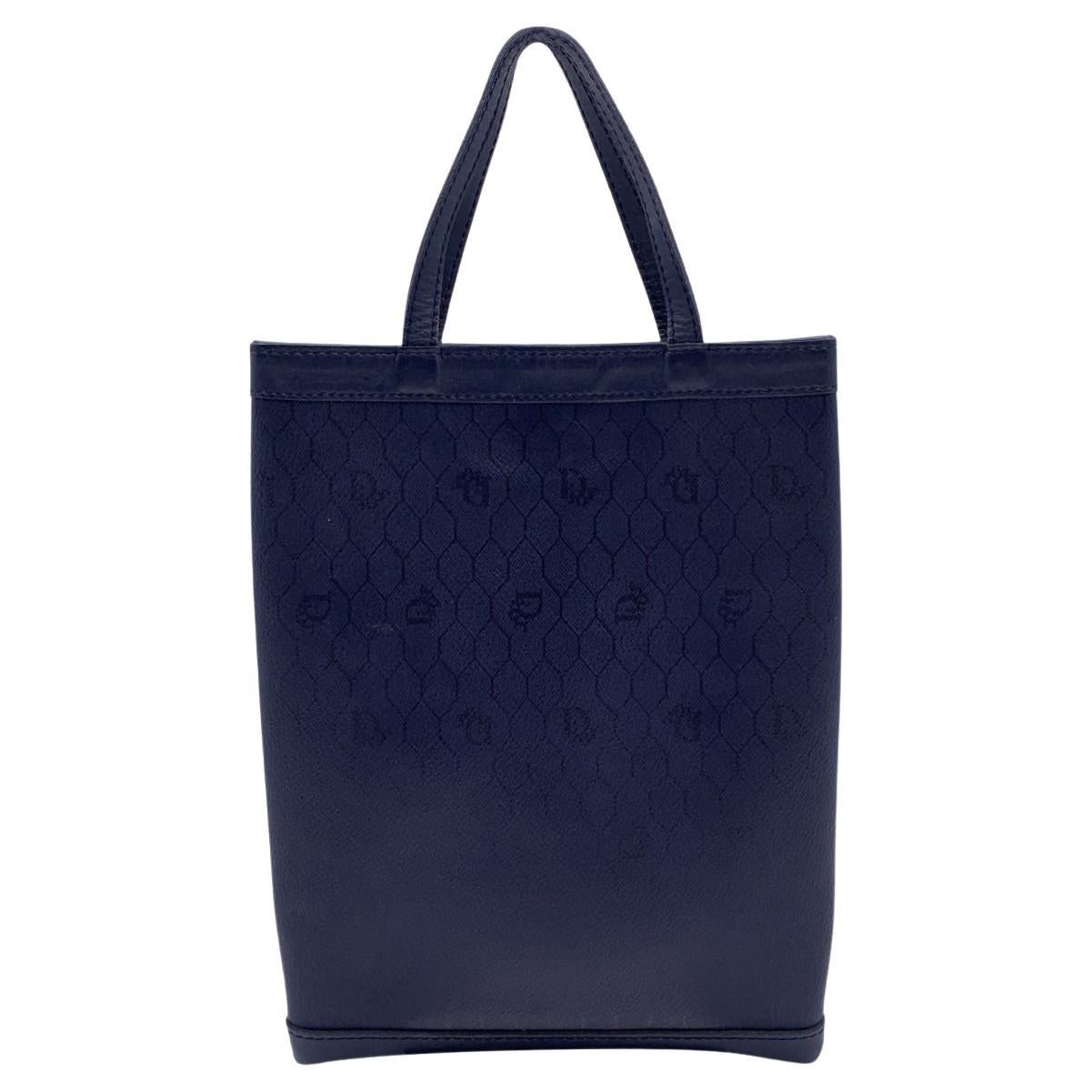 Christian Dior Vintage Navy Blue Logo Canvas Small Tote Bag