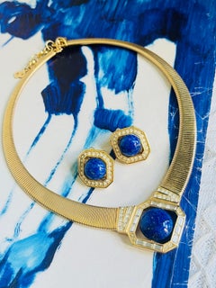 Christian Dior Vintage Navy Lapis Gold Foil Crystals Octagon Ribbed Omega 2 Set