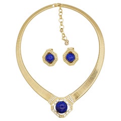 Christian Dior Vintage Navy Lapis Gold Foil Crystals Octagon Ribbed Omega 2 Set