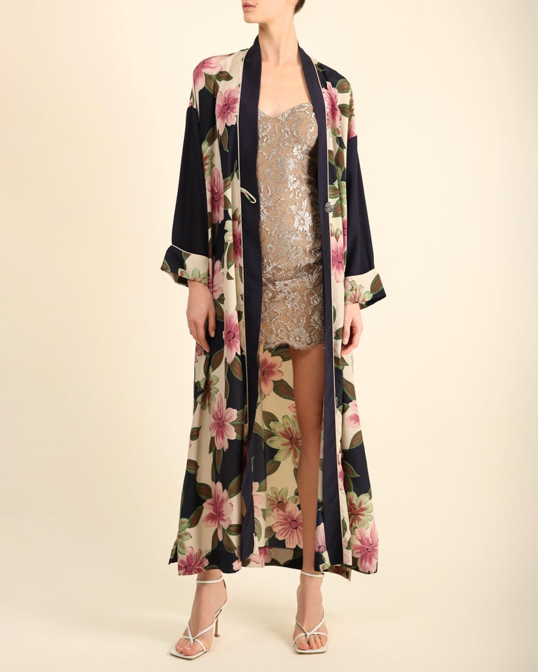christian dior silk dressing gown Christian Dior vintage navy pink floral oversized dress coat night gown robe