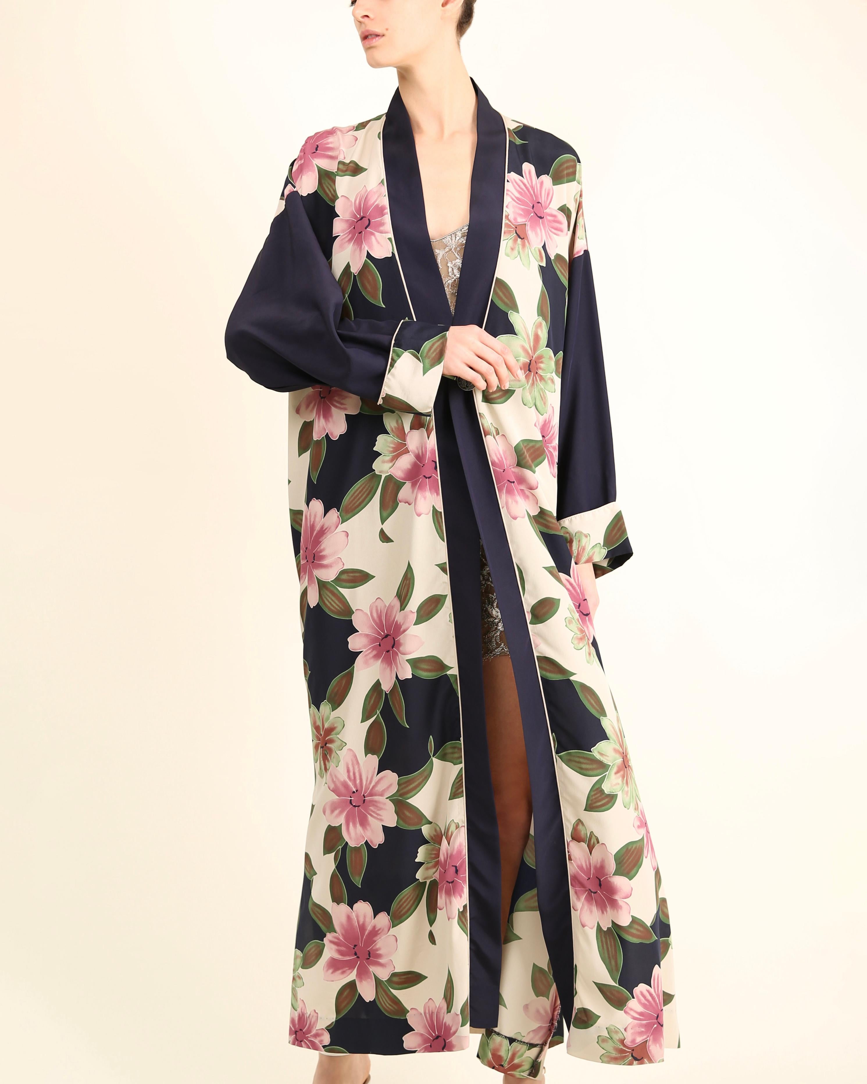 Christian Dior vintage navy pink floral oversized dress coat night gown robe For Sale 4
