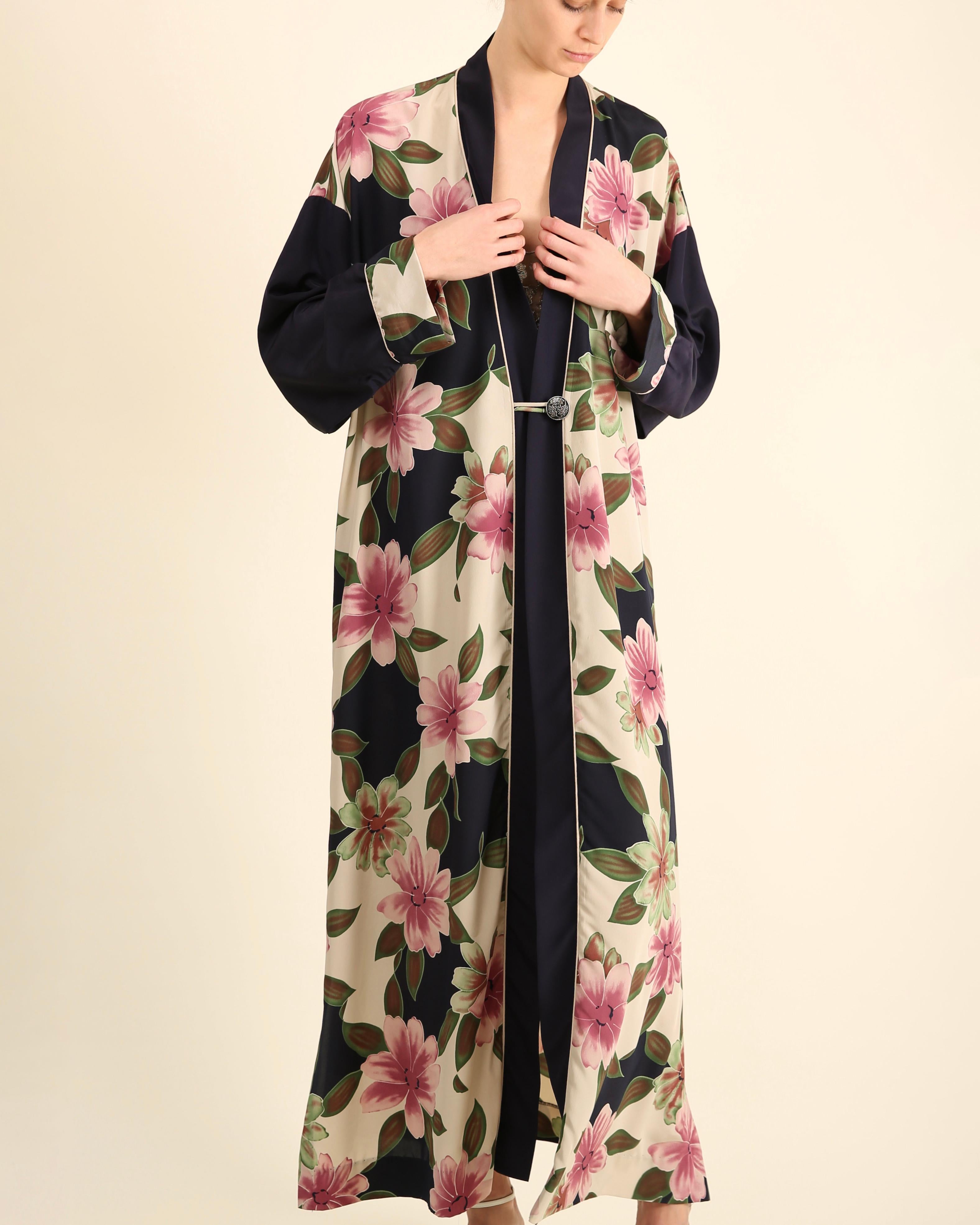 Christian Dior vintage navy pink floral oversized dress coat night gown robe For Sale 5