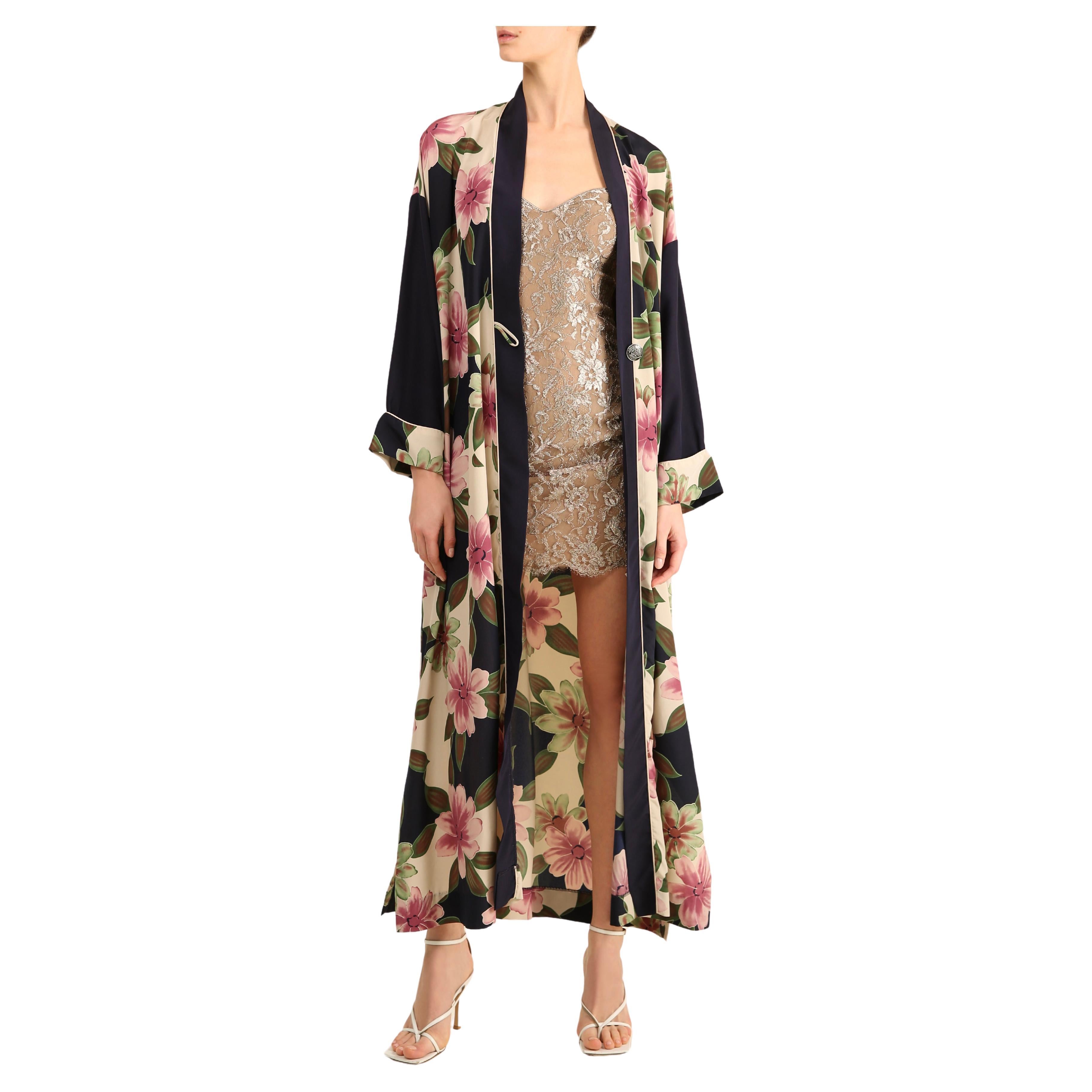 Christian Dior vintage navy pink floral oversized dress coat night gown robe For Sale