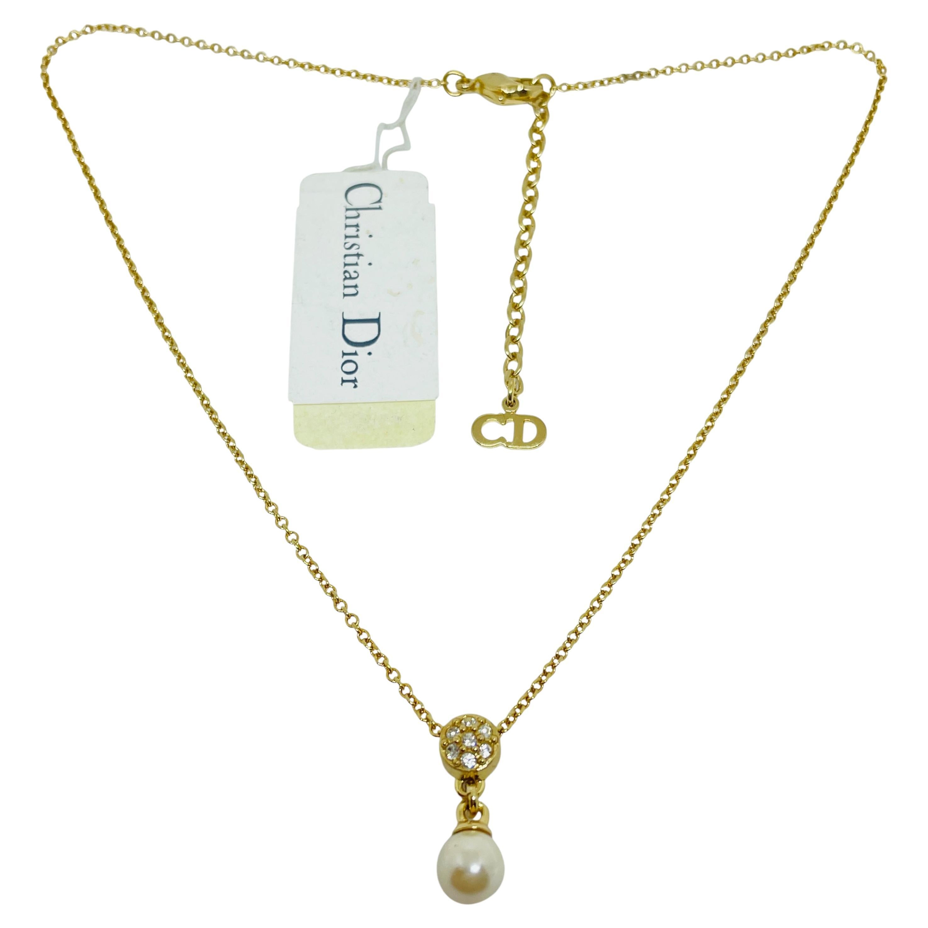 CHRISTIAN DIOR vintage nwt gold plated crystal pearl designer necklace For Sale