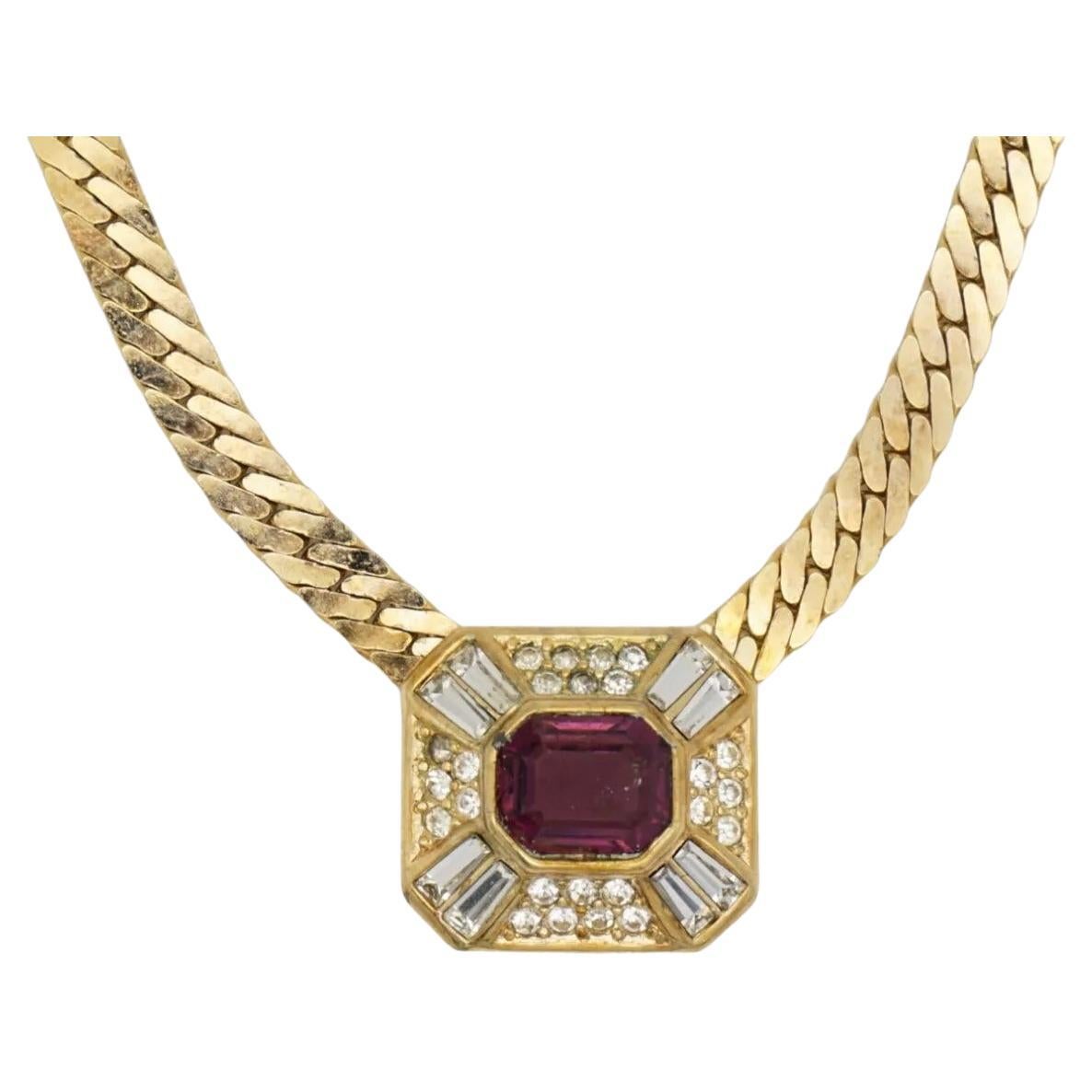 Christian Dior Vintage Octagon Amethyst Rectangle Crystal Dome Pendant Necklace