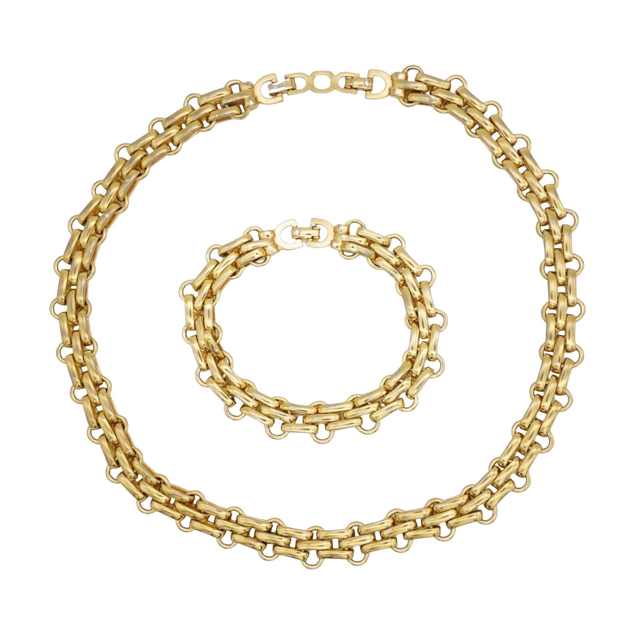 Christian Dior Vintage Omega Gold Interlocked Link Bar Ring Rope Chain 2 Set