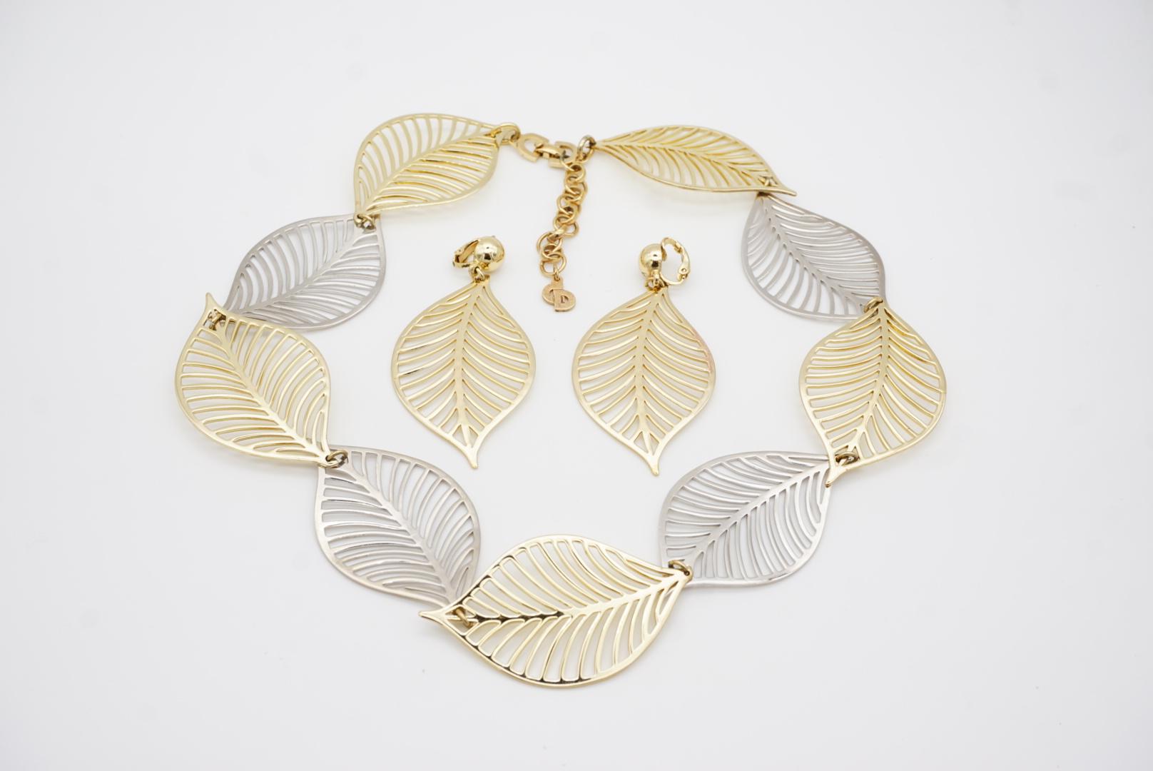 Christian Dior Vintage Exquisite Halskette-Ohrringe Set aus durchbrochenem Gold-Silber-Blatt-Silber-Blatt-Ohrringen 5