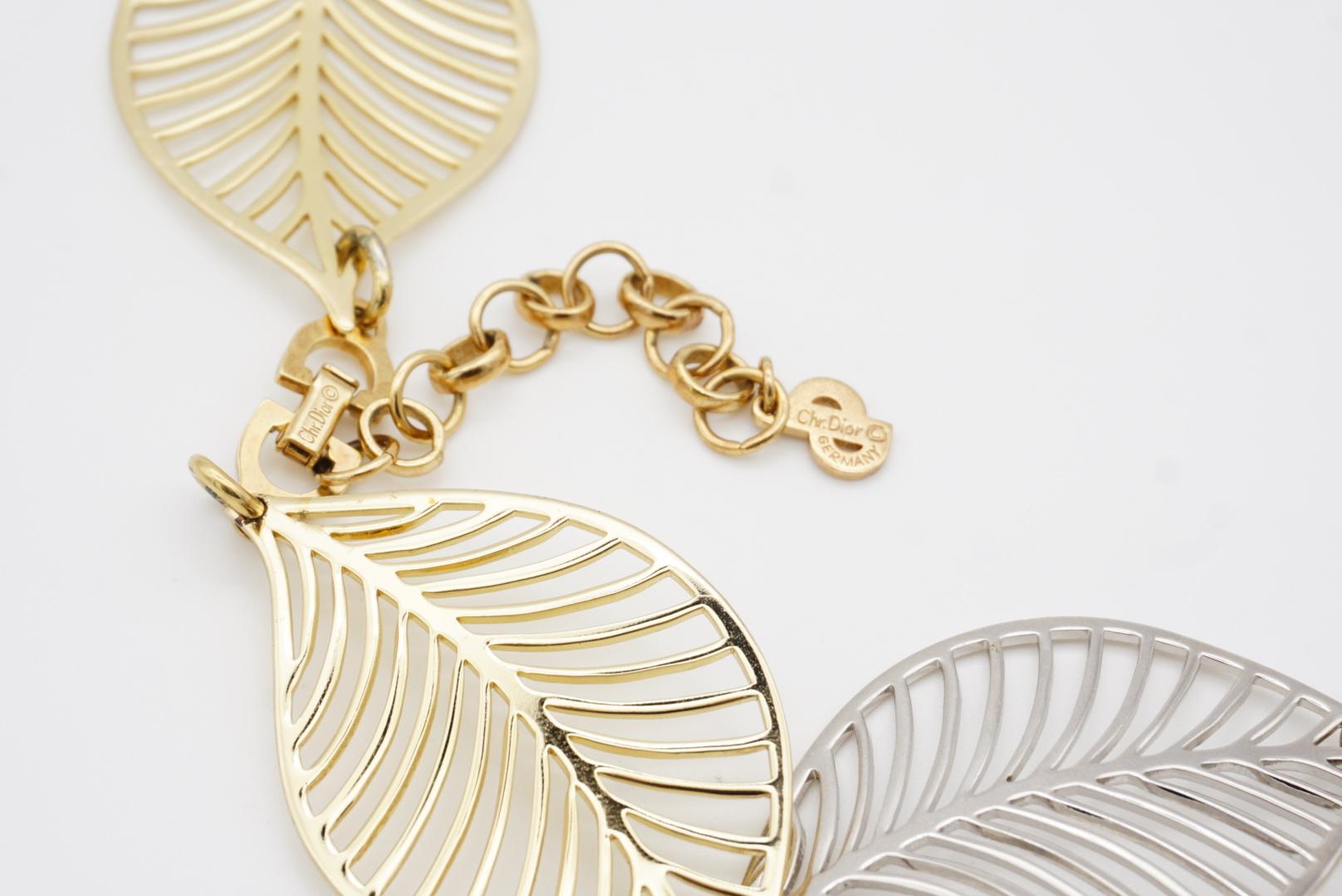 Christian Dior Vintage Exquisite Halskette-Ohrringe Set aus durchbrochenem Gold-Silber-Blatt-Silber-Blatt-Ohrringen 7