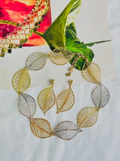 Christian Dior Vintage Openwork Gold Silver Leaf Exquisite Necklace Earrings Set