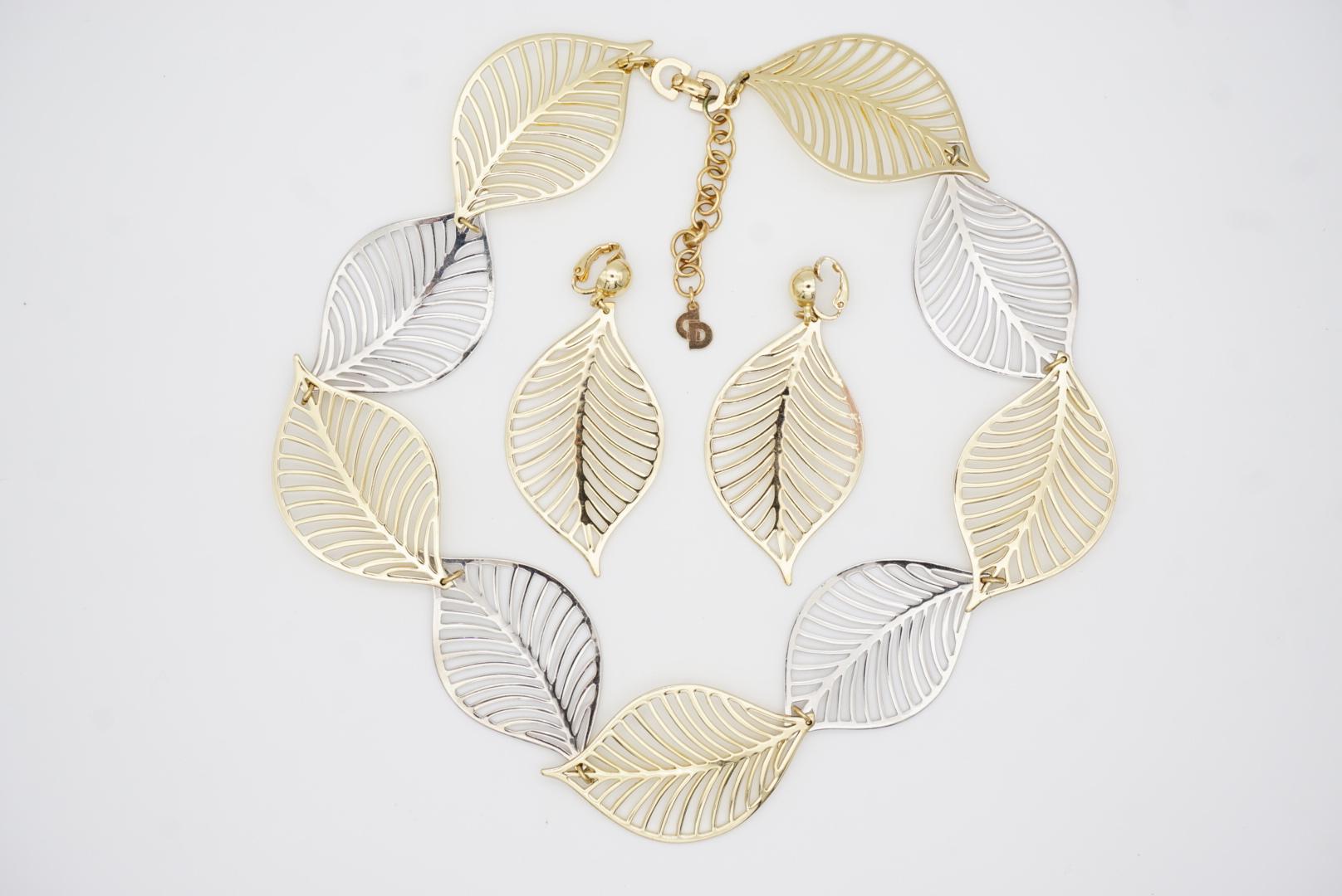 Christian Dior Vintage Exquisite Halskette-Ohrringe Set aus durchbrochenem Gold-Silber-Blatt-Silber-Blatt-Ohrringen 4