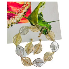 Christian Dior Vintage Openwork Gold Silver Leaf Exquisite Necklace Earrings Set