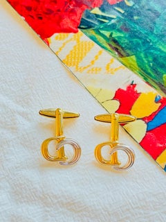 Christian Dior Vintage Openwork Logo CD Hallmark Monogram Silver Gold Cufflinks