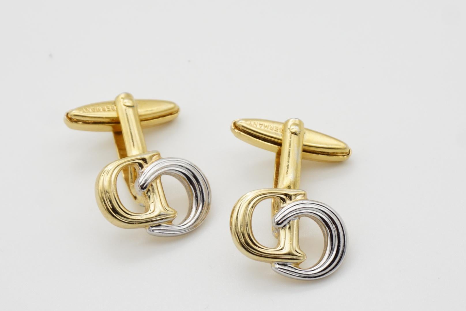 Women's or Men's Christian Dior Vintage Openwork Logo CD Hallmark Monogram Silver Gold Cufflinks