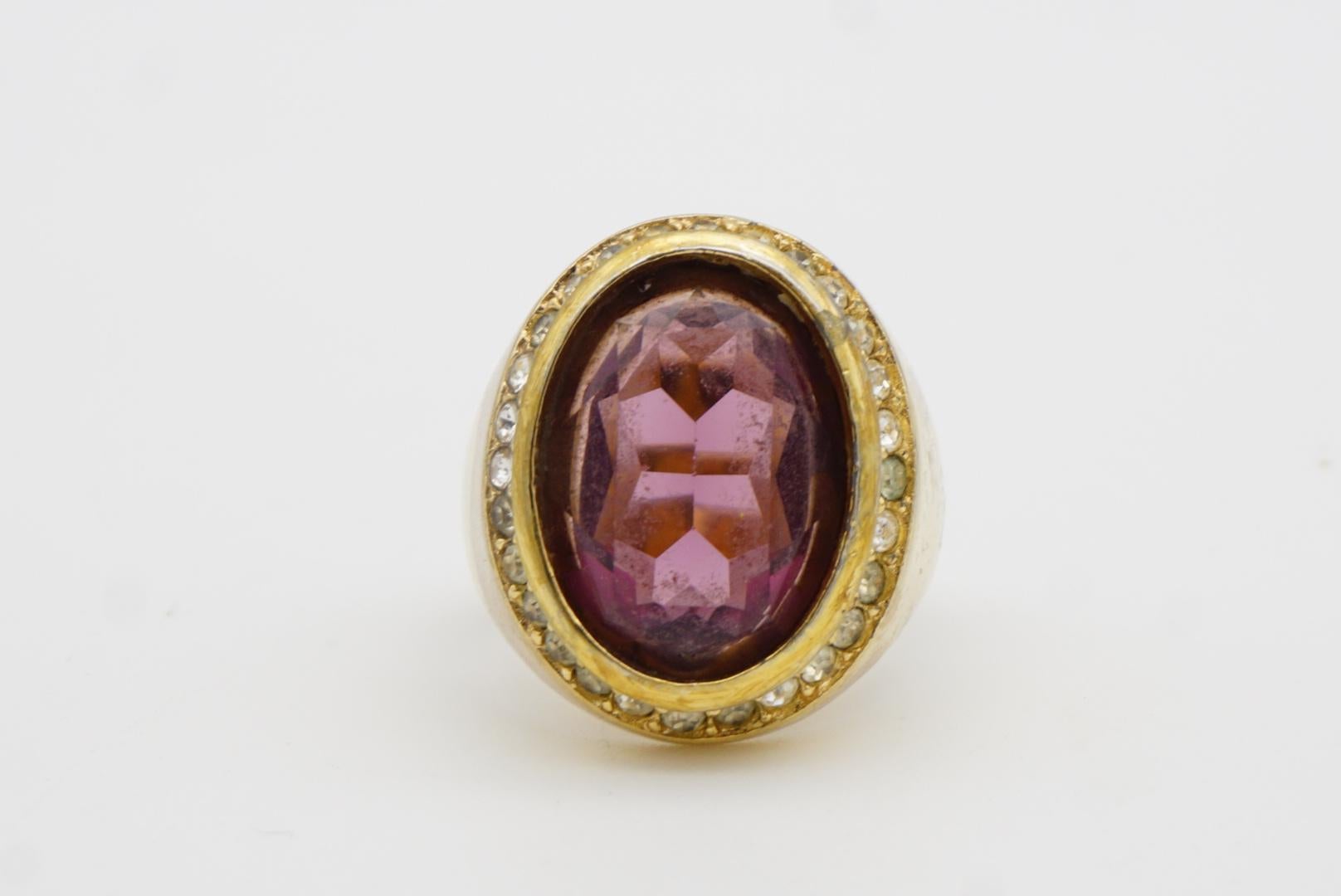 Christian Dior Vintage Oval Amethyst Crystals Halo Cocktail Statement Ring, US 7 6