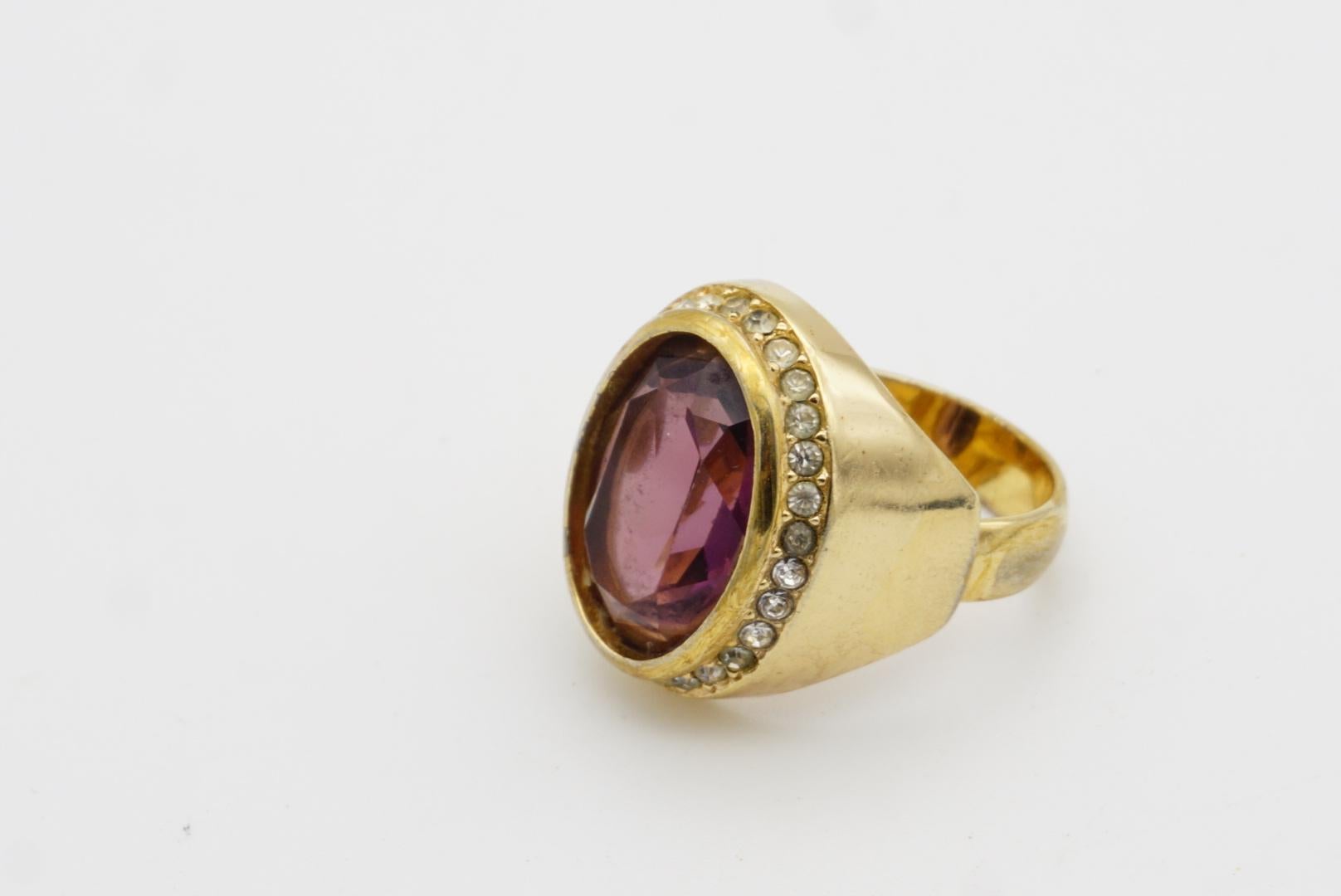 Christian Dior Vintage Oval Amethyst Crystals Halo Cocktail Statement Ring, US 7 7
