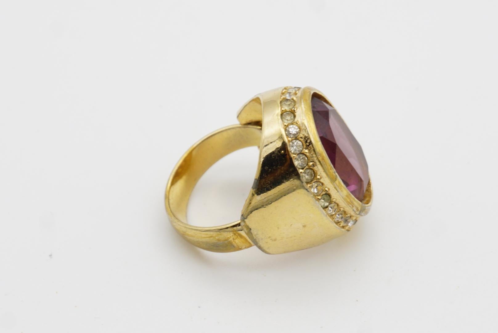Christian Dior Vintage Oval Amethyst Crystals Halo Cocktail Statement Ring, US 7 8
