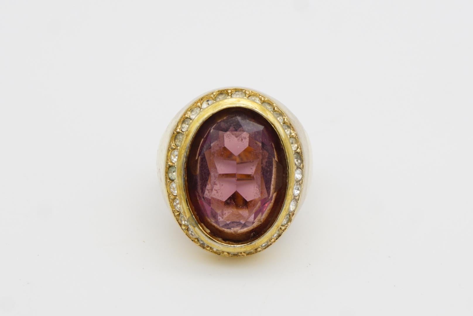 Christian Dior Vintage Oval Amethyst Crystals Halo Cocktail Statement Ring, US 7 12