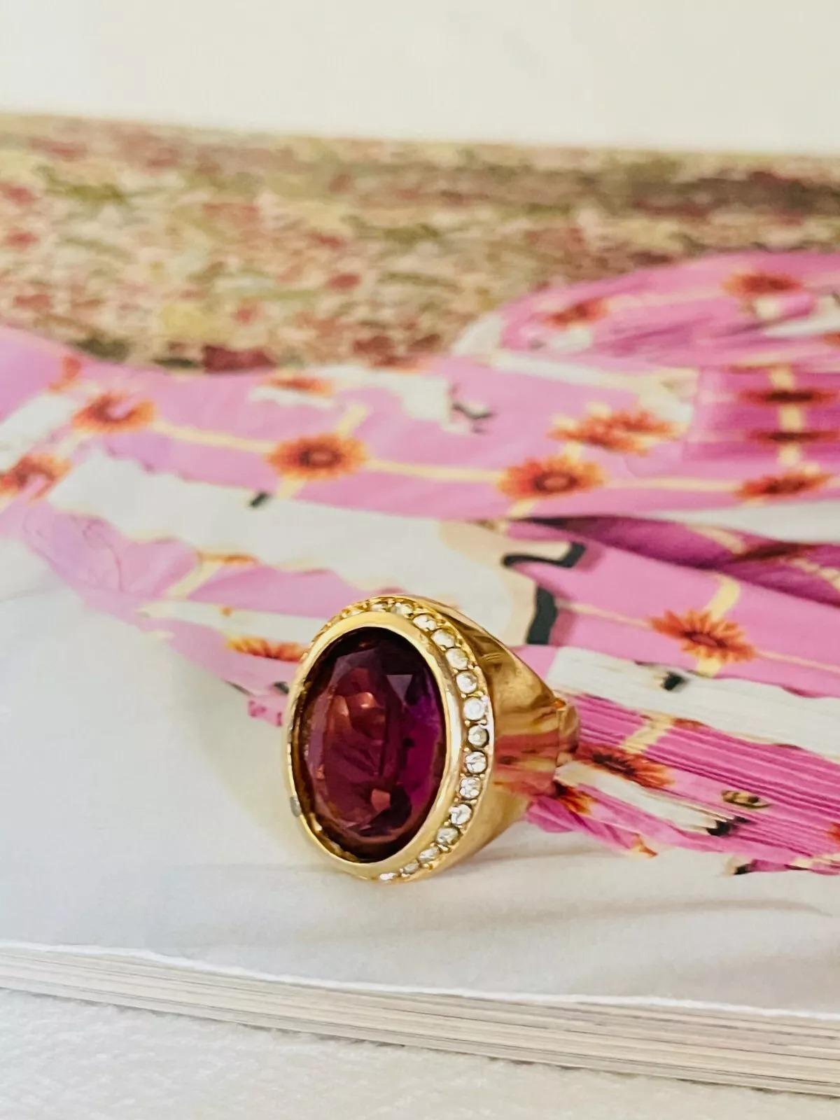 Christian Dior Vintage Oval Amethyst Crystals Halo Cocktail Statement Ring, US 7 In Good Condition In Wokingham, England