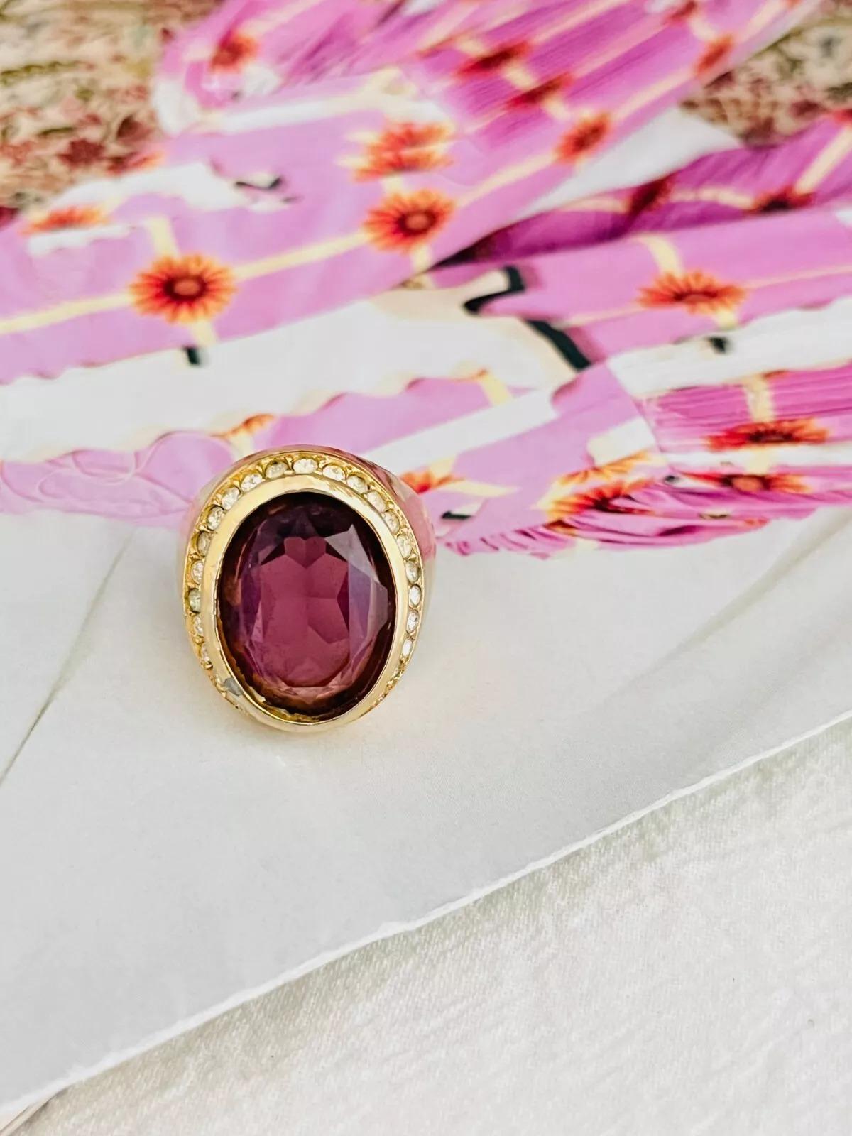 Women's Christian Dior Vintage Oval Amethyst Crystals Halo Cocktail Statement Ring, US 7