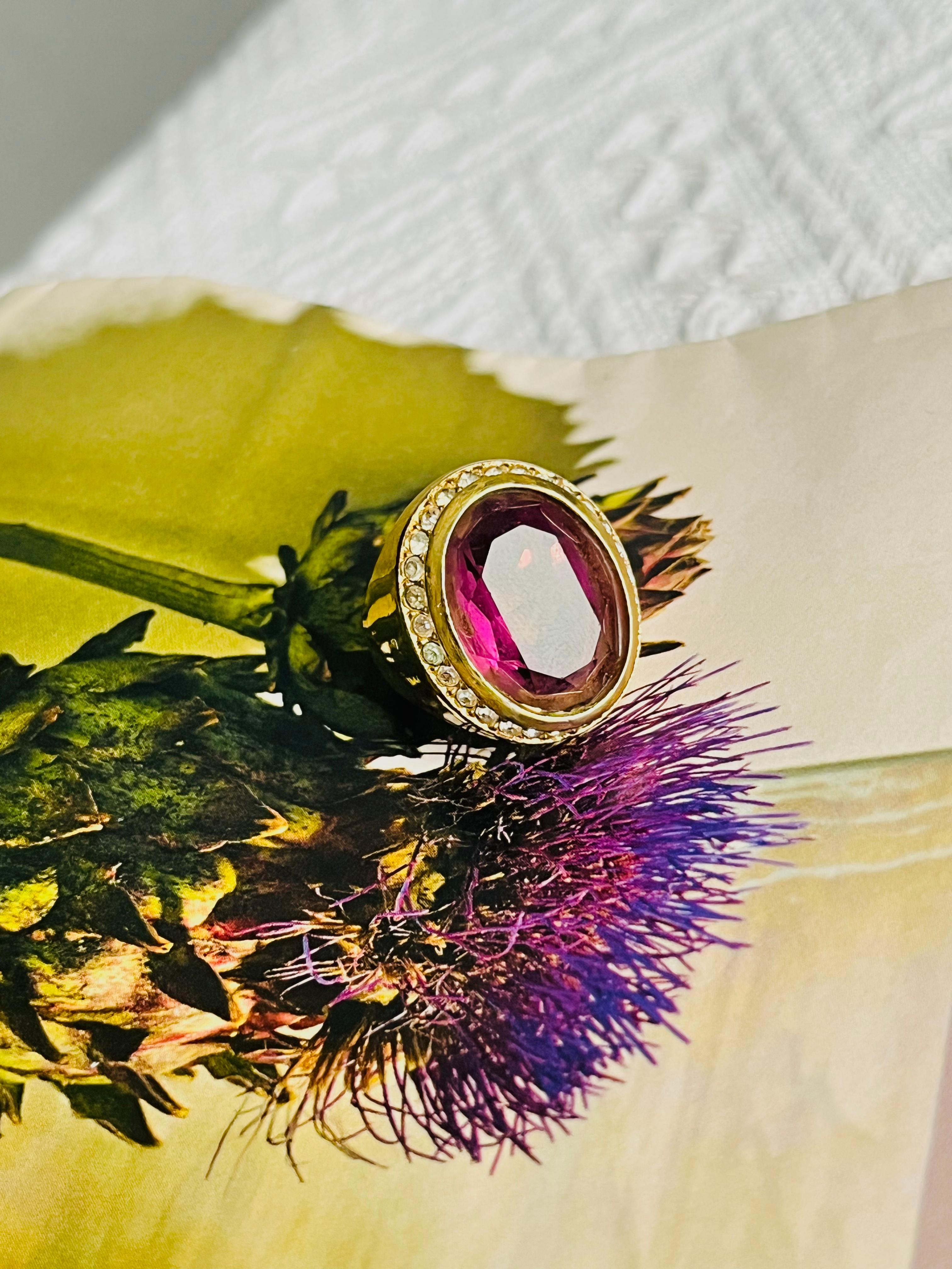Christian Dior Vintage Oval Amethyst Crystals Halo Cocktail Statement Ring, US 7 2