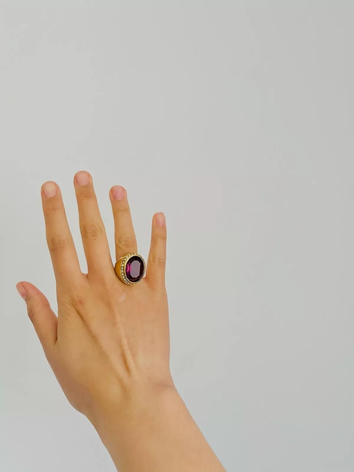 Christian Dior Vintage Oval Amethyst Crystals Halo Cocktail Statement Ring, US 7 4