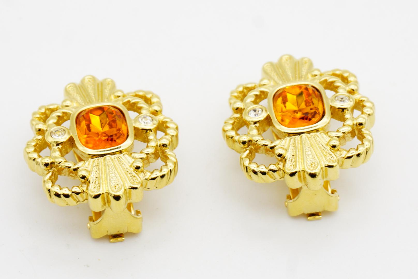Christian Dior Vintage Oval Citrine Topaz Crystal Openwork Flower Clip Earrings For Sale 5