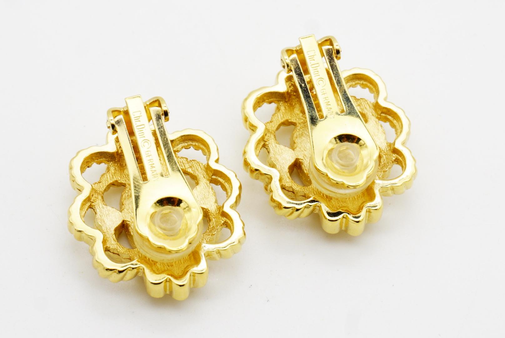 Christian Dior Vintage Oval Citrine Topaz Crystal Openwork Flower Clip Earrings For Sale 6