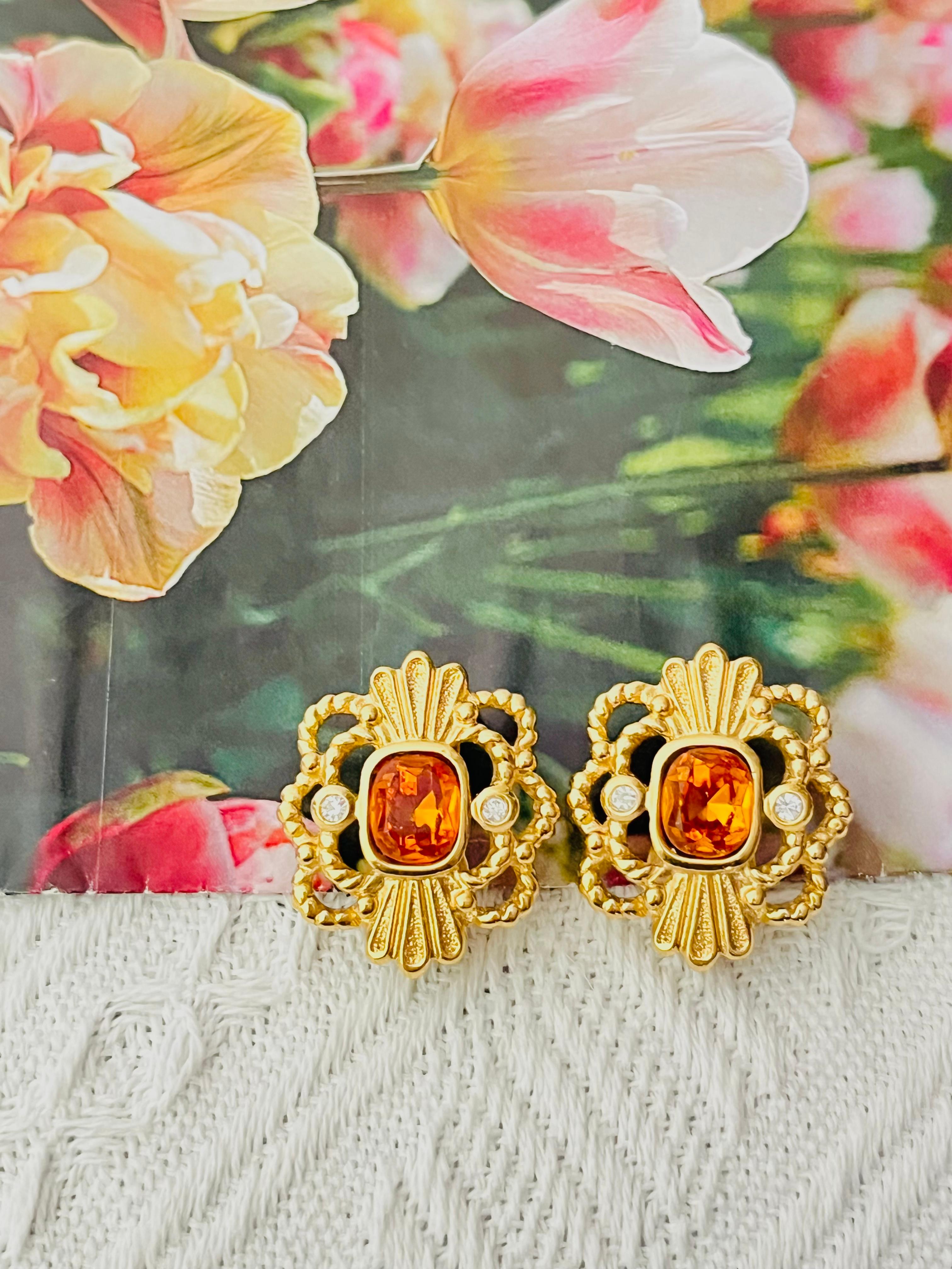 Art Deco Christian Dior Vintage Oval Citrine Topaz Crystal Openwork Flower Clip Earrings For Sale