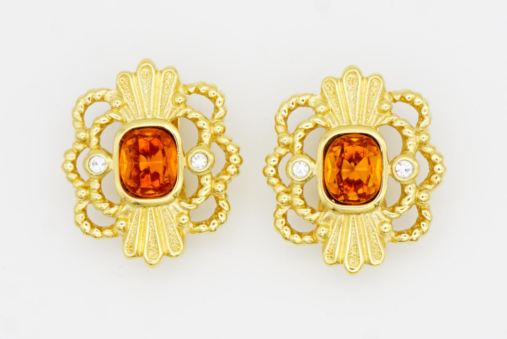 Christian Dior Vintage Oval Citrine Topaz Crystal Openwork Flower Clip Earrings For Sale 3