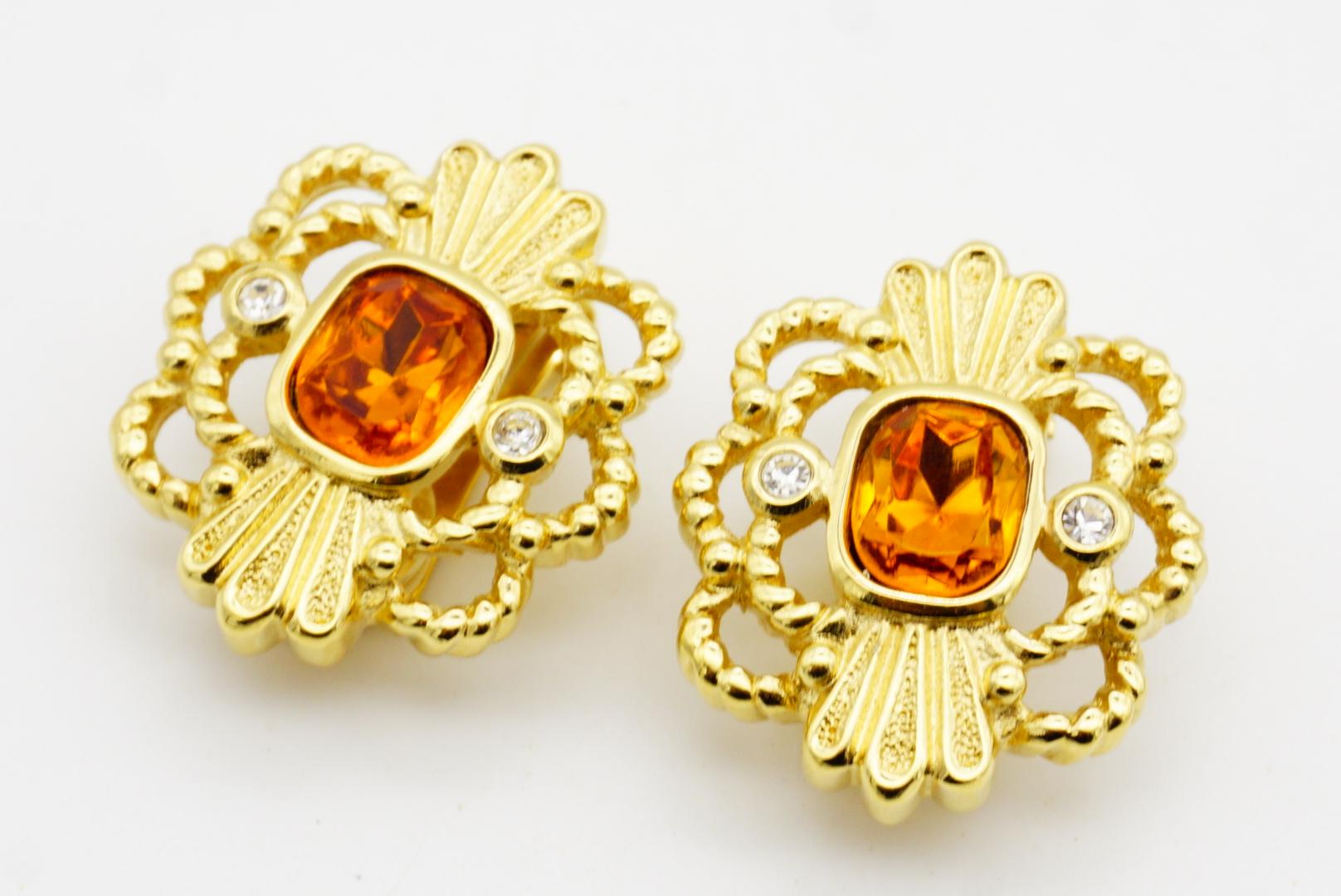 Christian Dior Vintage Oval Citrine Topaz Crystal Openwork Flower Clip Earrings For Sale 4