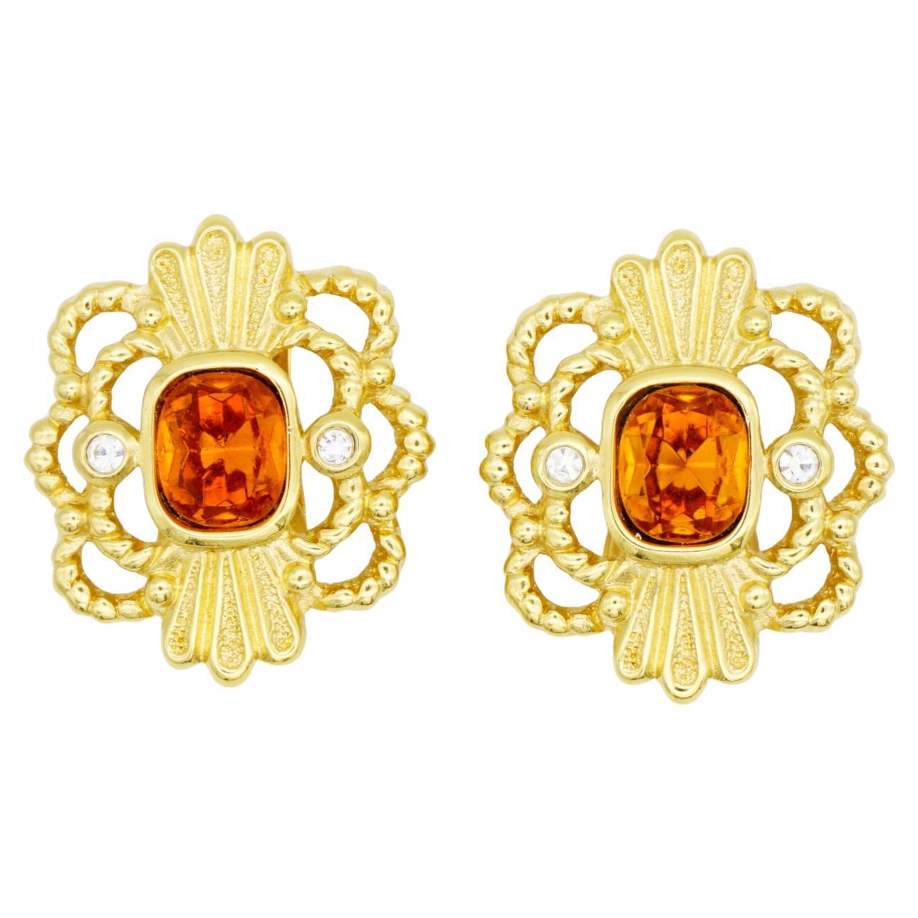 Christian Dior Vintage Oval Citrine Topaz Crystal Openwork Flower Clip Earrings For Sale