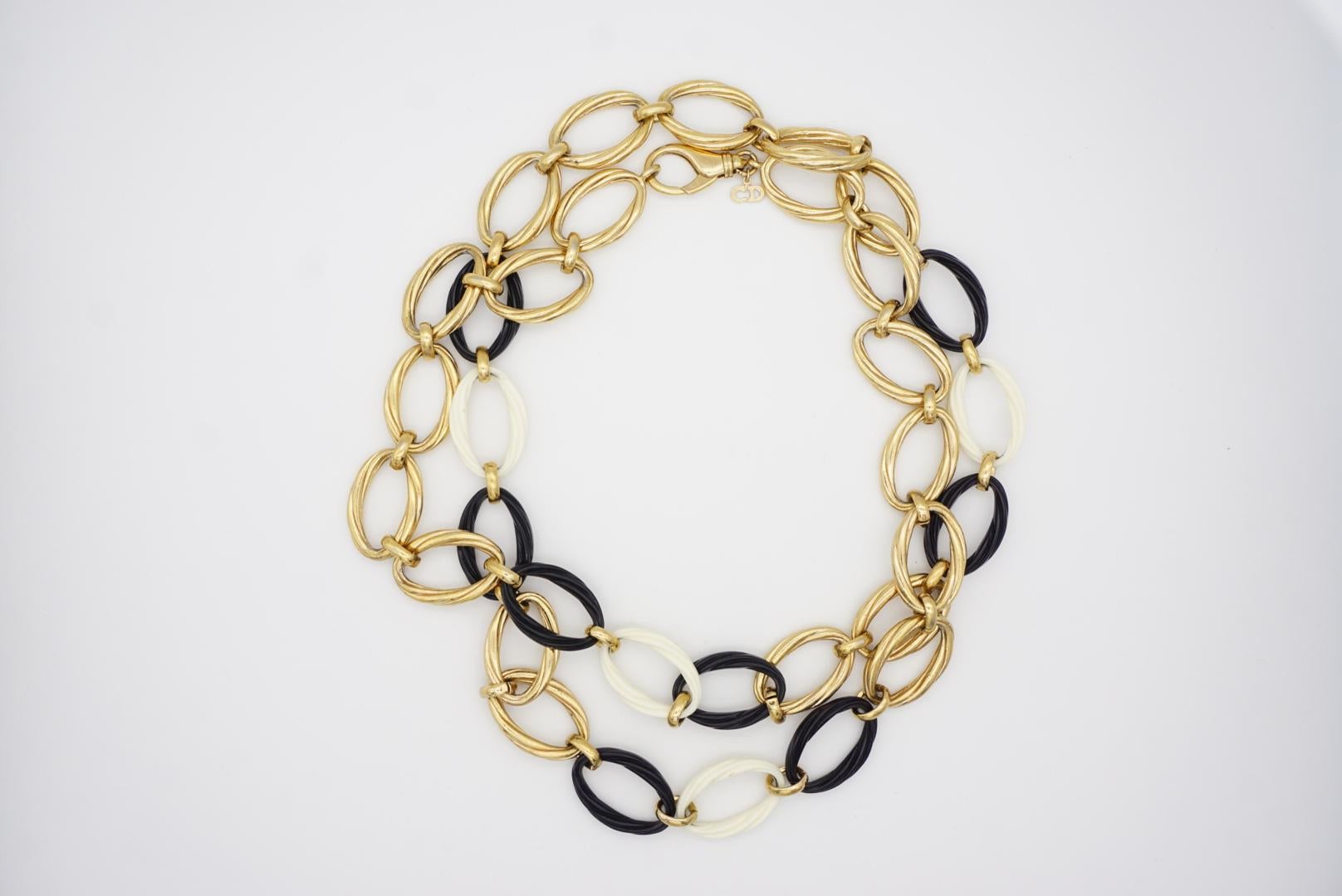 Christian Dior Vintage Oval Hoop Black White Chunky Statement Long Necklace Belt 2