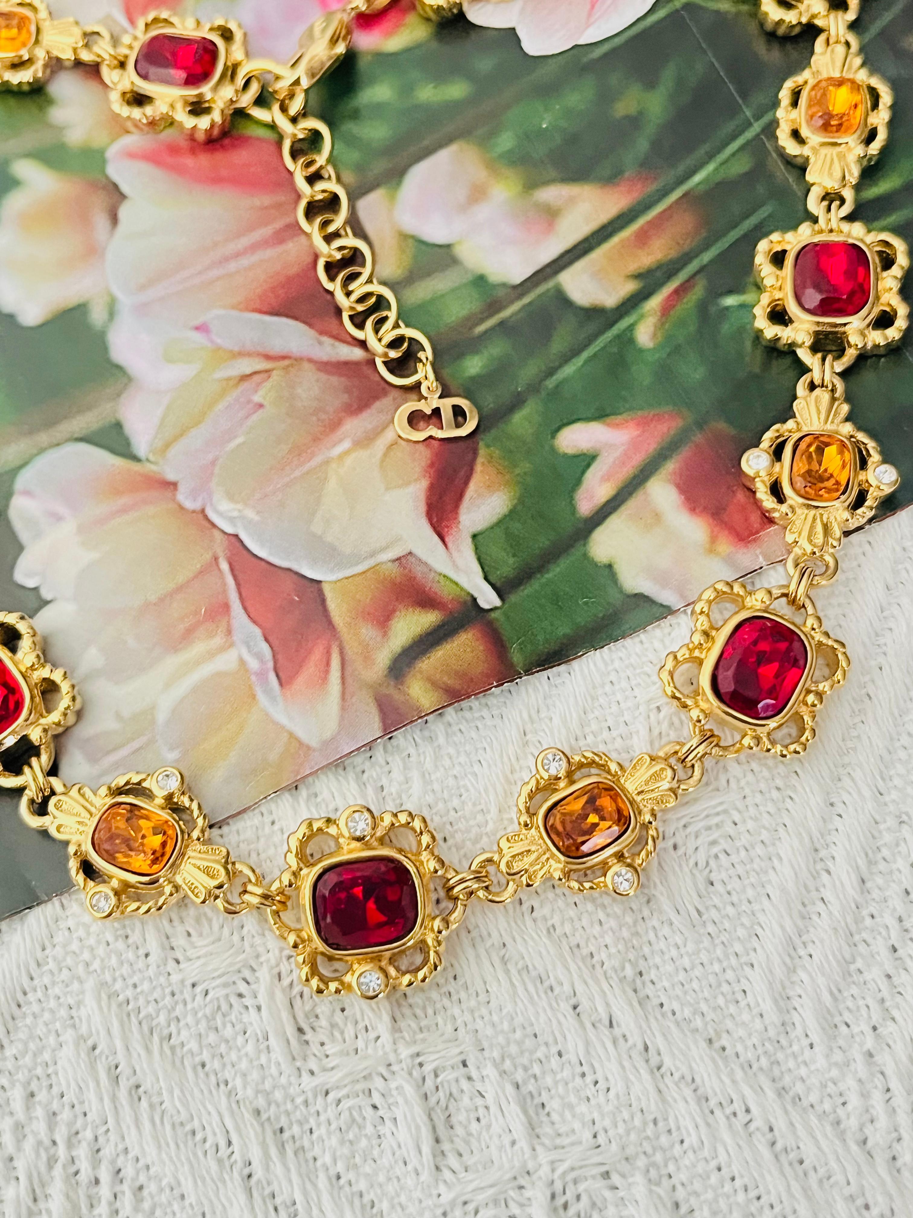 Art Déco Christian Dior Collana ovale ovale di rubino, citrino e topazio con fiori traforati in vendita