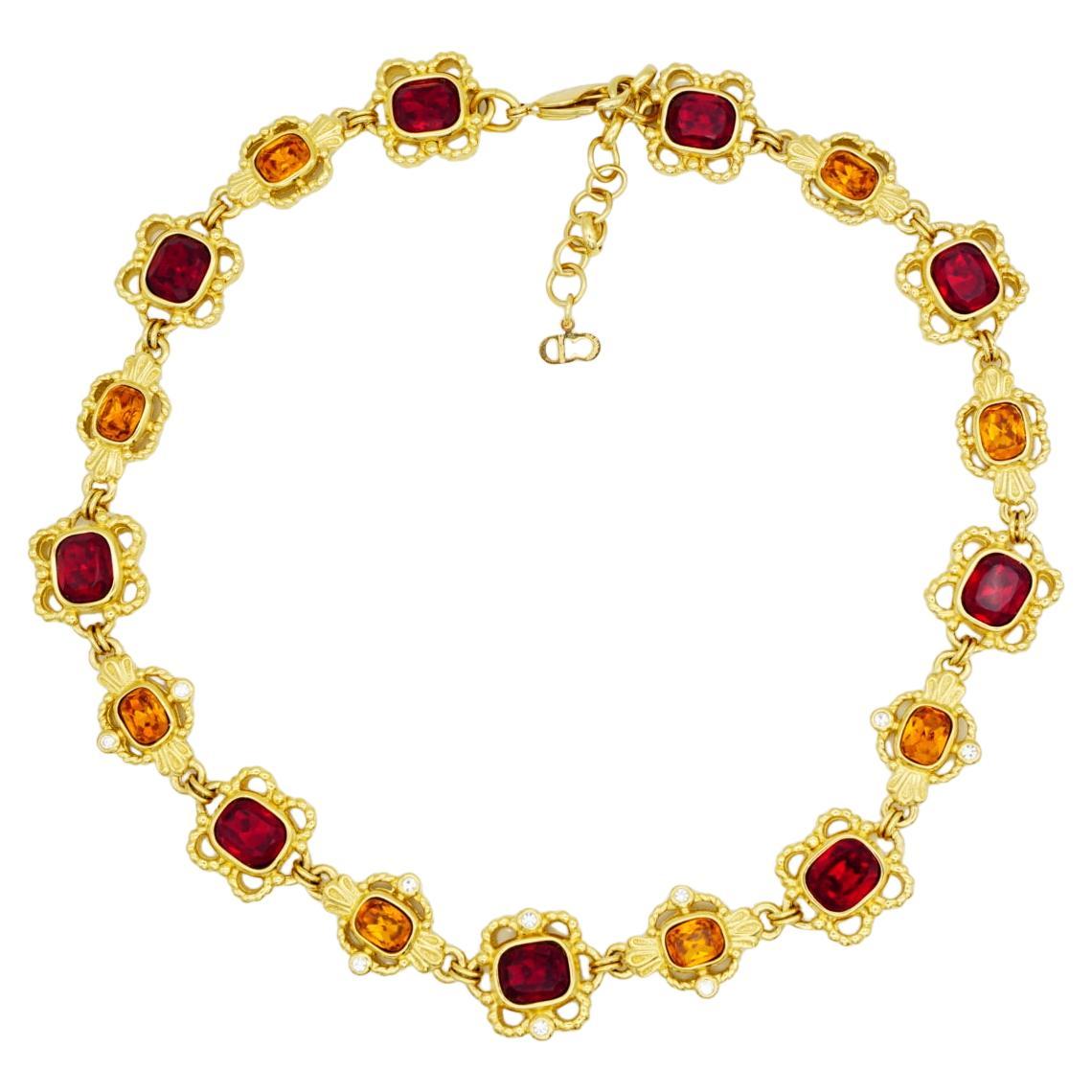 Christian Dior Collana ovale ovale di rubino, citrino e topazio con fiori traforati in vendita