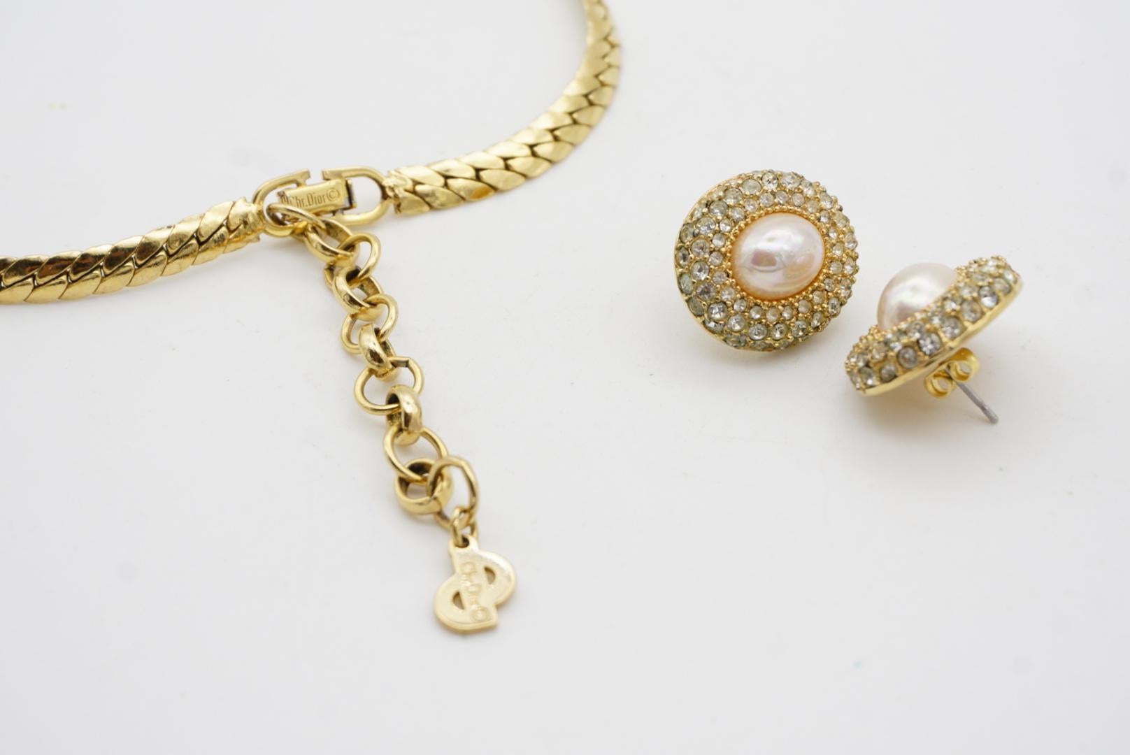 Christian Dior Vintage Oval White Pearl Crystals Set Pendant Necklace Earrings For Sale 9