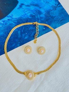 Christian Dior Vintage Oval White Pearl Crystals Set Pendant Necklace Earrings