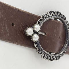 CHRISTIAN DIOR Vintage pearl embellished antique buckle brown cowboy belt