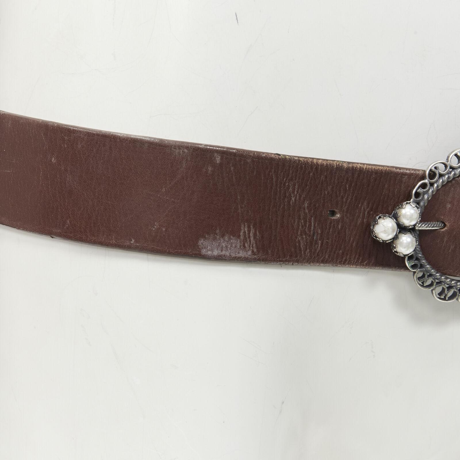 CHRISTIAN DIOR Vintage pearl embellished antique buckle brown cowboy belt 3