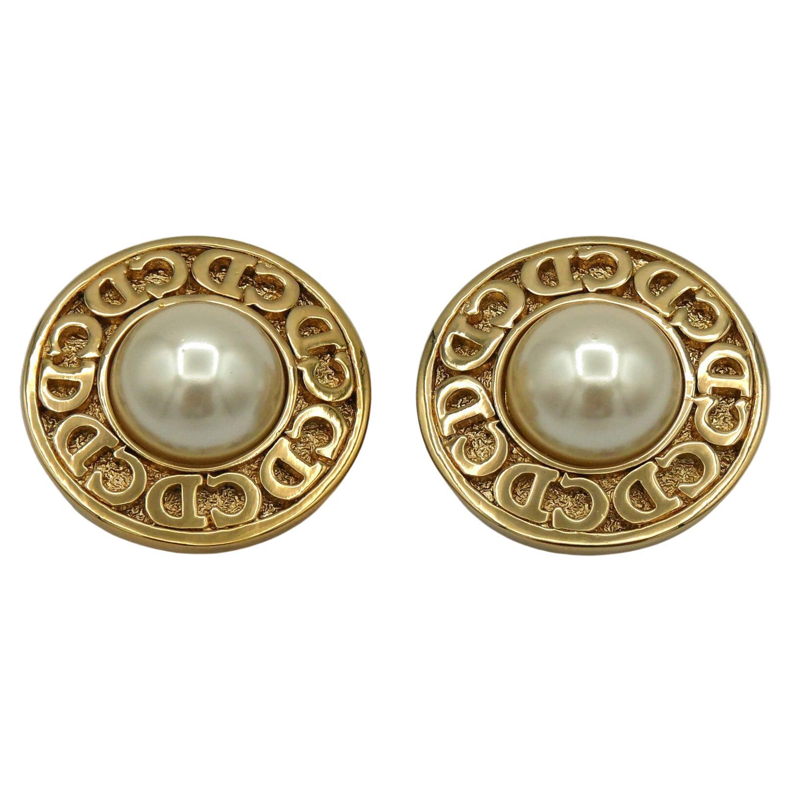 CHRISTIAN DIOR Vintage Pearl Logo Clip-On Earrings For Sale