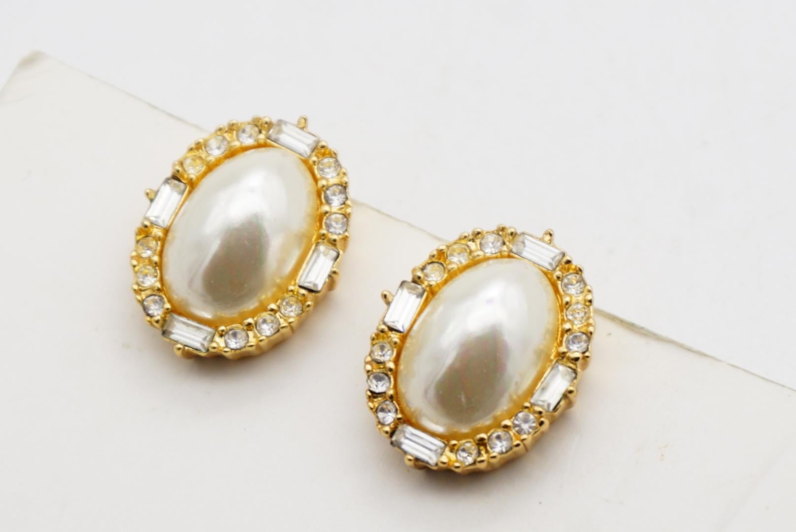 Christian Dior Vintage Pearl Oval White Rectangle Circle Crystals Clip Earrings For Sale 5