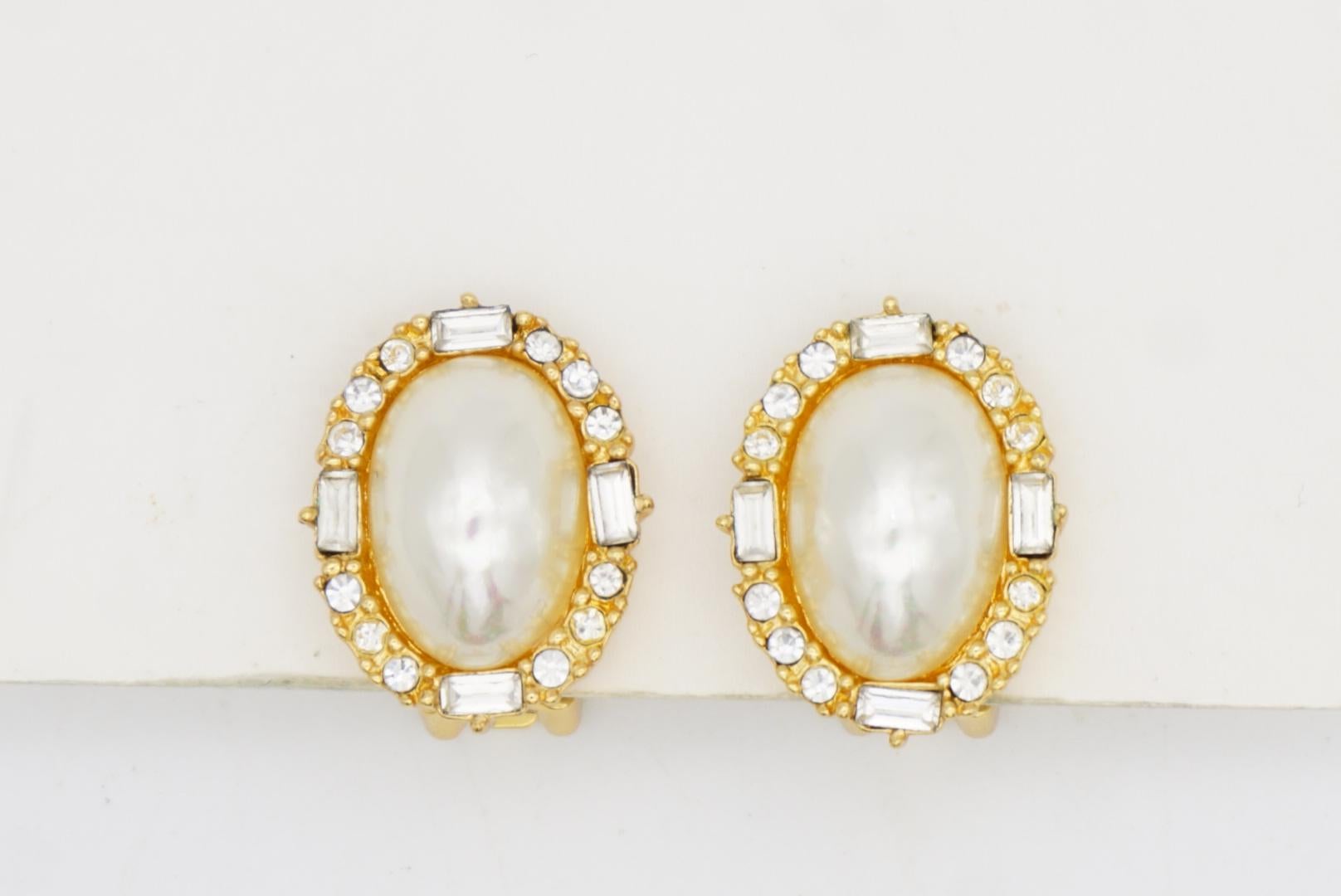 Christian Dior Vintage Pearl Oval White Rectangle Circle Crystals Clip Earrings For Sale 2