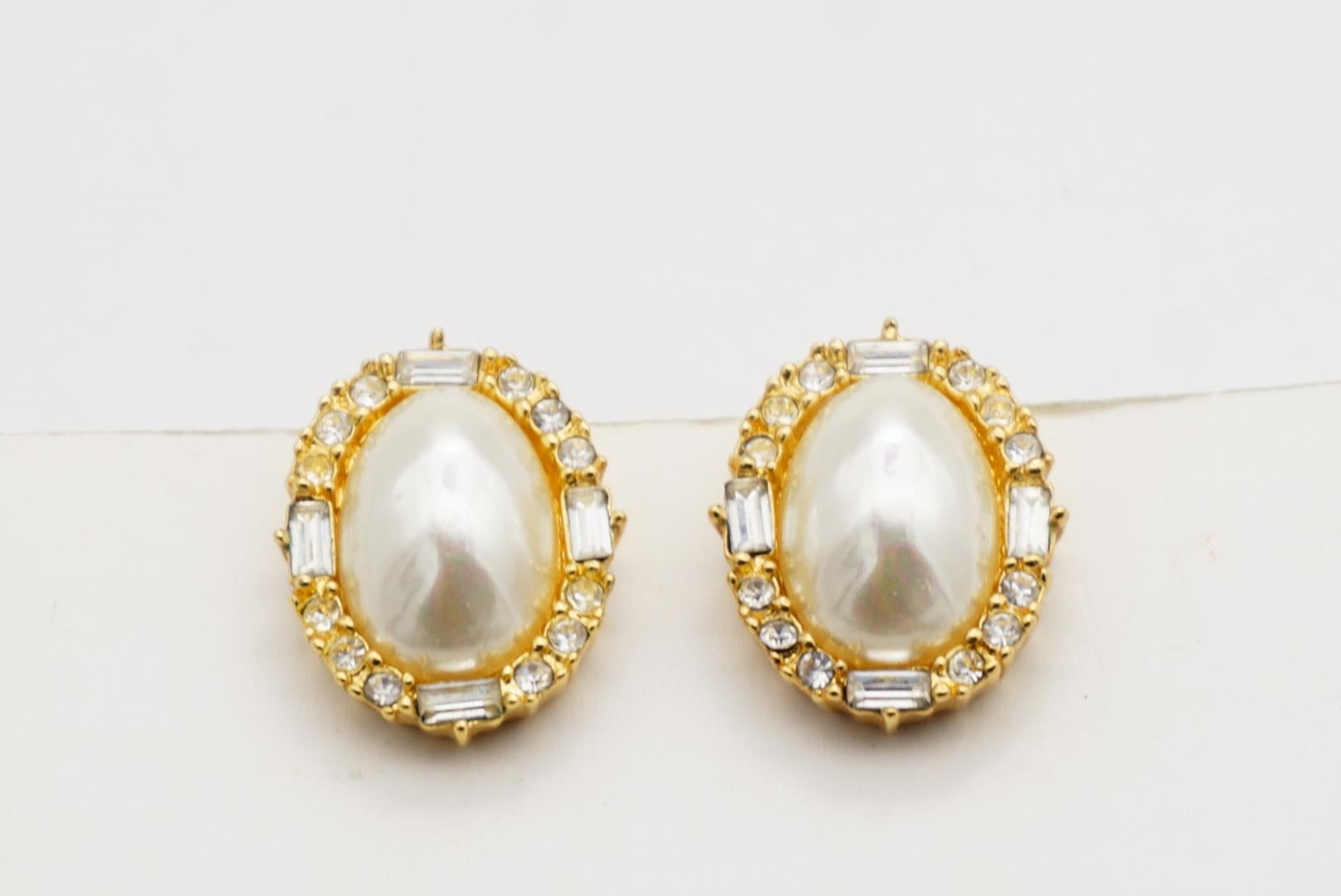 Christian Dior Vintage Pearl Oval White Rectangle Circle Crystals Clip Earrings For Sale 3