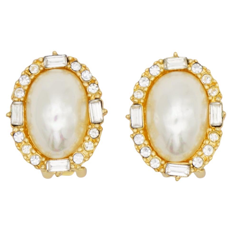 Christian Dior Vintage Pearl Oval White Rectangle Circle Crystals Clip Earrings For Sale