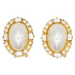 Christian Dior Vintage Pearl Oval White Rectangle Circle Crystals Clip Earrings