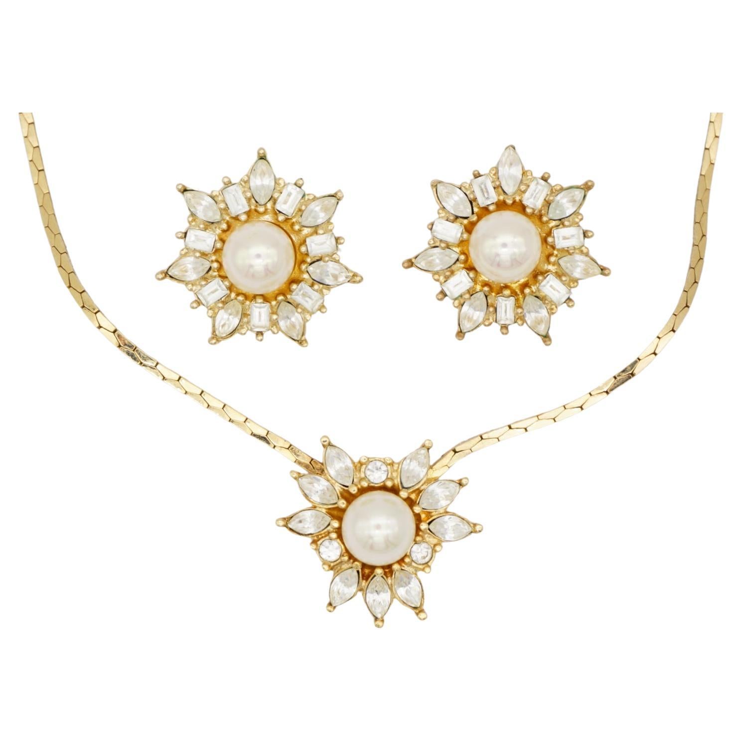 Christian Dior Vintage Pearls Flower Snowflake Crystals Earrings Necklace Set