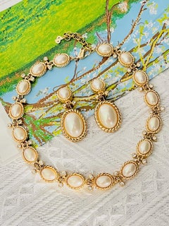 Christian Dior Vintage Pearls White Oval Gold Crystals Relief Swirl Drop 2 Set