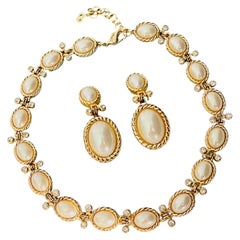 Christian Dior Vintage Pearls White Oval Gold Crystals Relief Swirl Drop 2 Set