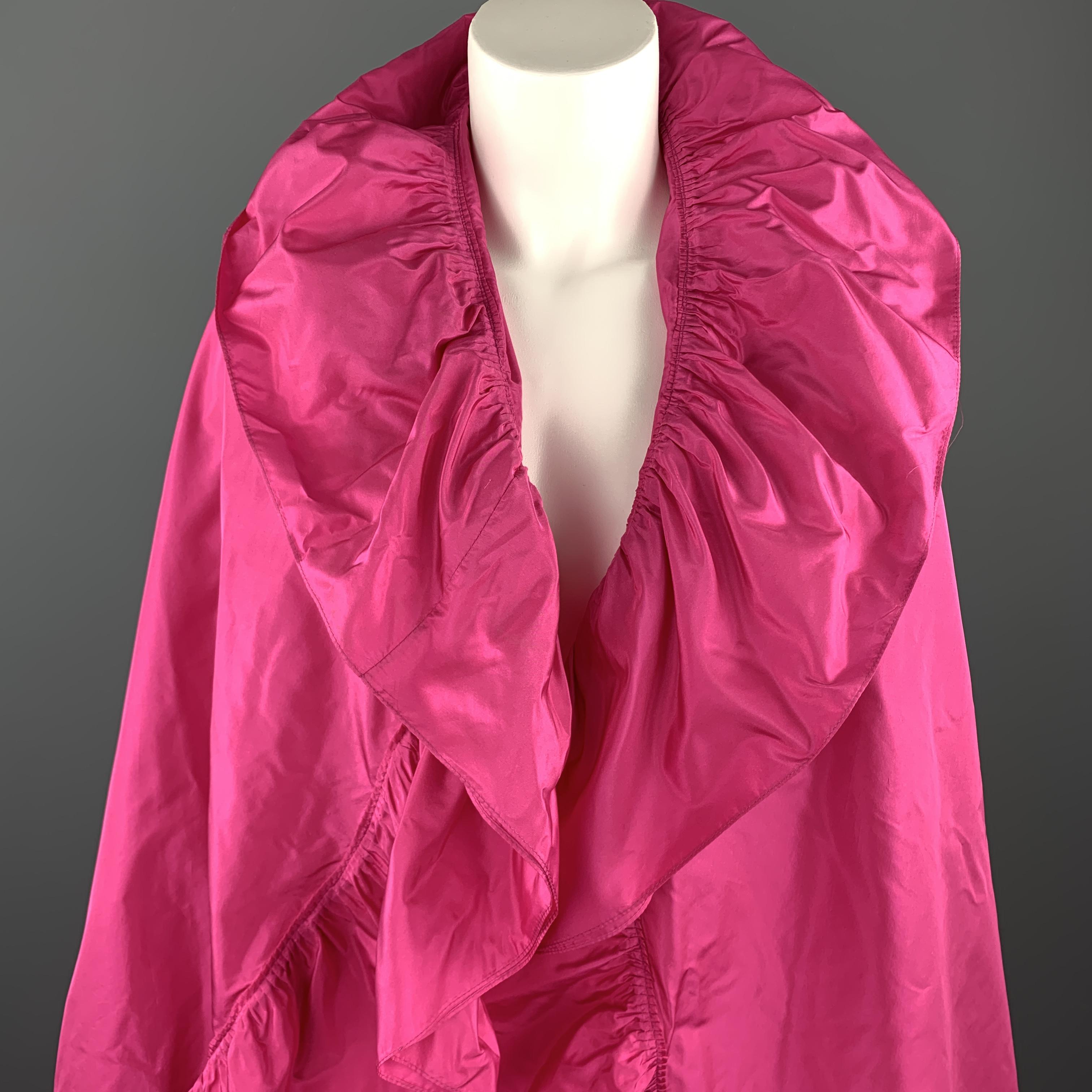 Vintage 1970's CHRISTIAN DIOR BOUTIQUE evening shawl comes in bold fuchsia silk taffeta with a pleat gathered ruffle trim. Made in Italy.

Excellent Pre-Owned Condition.

Length: 81 in.
Width: 54 in. 